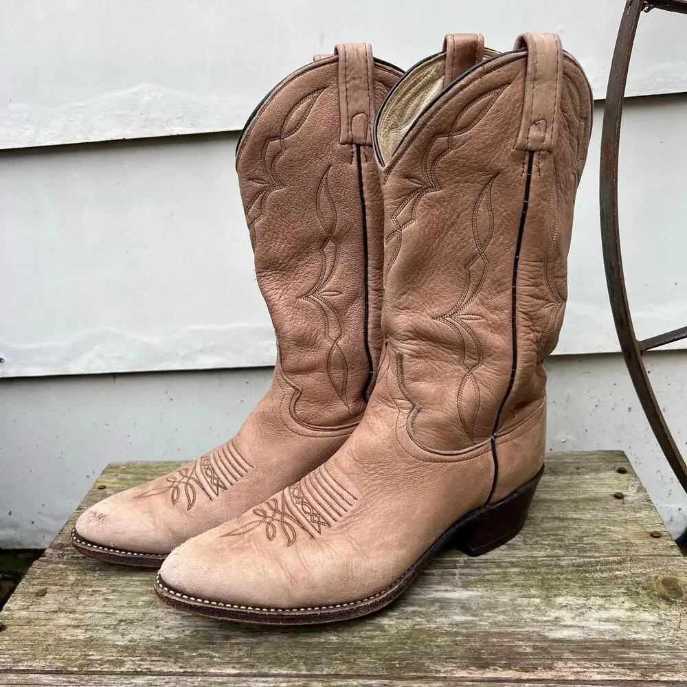 Vintage Dan Post Boots Beige Leather Cowboy Pointed Toe 6557 Mens 10 1/2 B